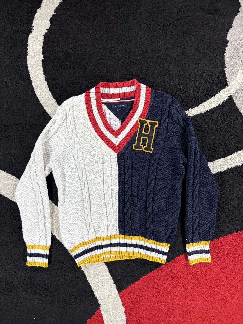 Tommy Hilfiger Mens Large Colorblock Cable Knit V Neck Sweater Logo Blue White
